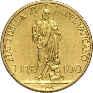 reverse: Città del Vaticano, Pio XII (1939-1958), 100 Lire 1940, Tiratura: 2000, Rara Au 20,7 mm 5,19 g. SPL
				