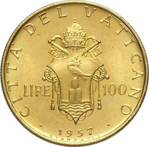 reverse: Città del Vaticano, Pio XII (1939-1958), 100 Lire 1957, Tiratura: 2000, Rara Au 20,7 mm 5,19 g. FDC
				