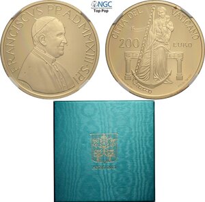 obverse: Città del Vaticano, Benedetto XVI (2005-2013), 200 Euro 2013, Tiratura: 499, Au (.917) 38,5 mm 40 g. In box originale con certificato, in Slab NGC PF69 Ultra Cameo Top Pop! (cert. 6647230019 erroneamente indicato come 2014)
				