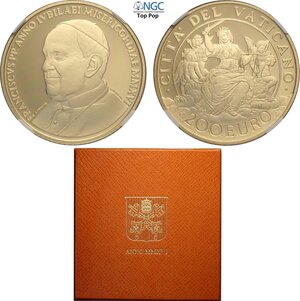 obverse: Città del Vaticano, Francesco (2013-), 200 Euro 2016, Tiratura: 499, Au (.917) 38,5 mm 40 g. In box originale con certificato, in Slab NGC PF70 Ultra Cameo Top Pop! (cert. 6647230016)
				