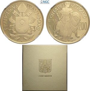 obverse: Città del Vaticano, Francesco (2013-), 200 Euro 2017, Tiratura: 499, Au (.917) 38,5 mm 40 g. In box originale con certificato, in Slab NGC PF69 Ultra Cameo (cert. 6647230015 second best grade)
				