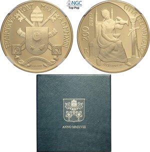 obverse: Città del Vaticano, Francesco (2013-), 200 Euro 2018, Tiratura: 499, Au (.917) 38,5 mm 40 g. In box originale con certificato, in Slab NGC PF70 Ultra Cameo Top Pop! (cert. 6647230014)
				