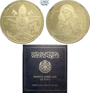 obverse: Città del Vaticano, Francesco (2013-), 200 Euro 2022, Tiratura: 499, Au (.917) 38,5 mm 40 g. In box originale con certificato, in Slab NGC PF69 Ultra Cameo Top Pop! (cert. 6647230011)
				