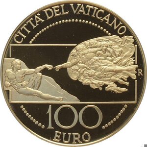 reverse: Città del Vaticano, Benedetto XVI (2005-2013), 100 Euro 2008, Tiratura: 960, Au (.917) 35 mm 30 g. E  la prima emissione di questo nominale, In box originale con certificato, Proof
				