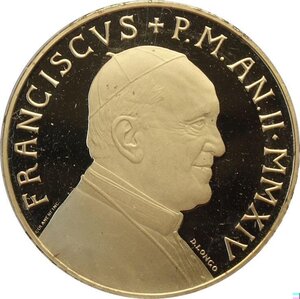 obverse: Città del Vaticano, Francesco (2013-), 100 Euro 2014, Tiratura: 999, Au (.917) 35 mm 30 g. In box originale con certificato, Proof
				