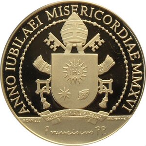 obverse: Città del Vaticano, Francesco (2013-), 100 Euro 2016, Tiratura: 799, Au (.917) 35 mm 30 g. In box originale con certificato, Proof
				