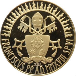 obverse: Città del Vaticano, Francesco (2013-), 100 Euro 2018, Tiratura: 799, Au (.917) 35 mm 30 g. In box originale con certificato, Proof
				