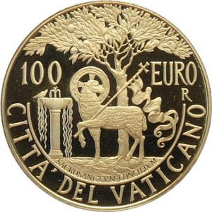 reverse: Città del Vaticano, Francesco (2013-), 100 Euro 2018, Tiratura: 799, Au (.917) 35 mm 30 g. In box originale con certificato, Proof
				