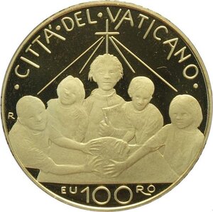 reverse: Città del Vaticano, Francesco (2013-), 100 Euro 2022, Tiratura: 799, Au (.917) 35 mm 30 g. In box originale con certificato, Proof
				