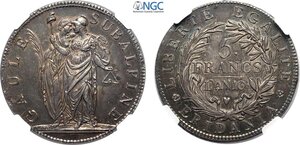 obverse: Torino, Repubblica Subalpina (1800-1802), 5 Franchi L AN 10 (1802), Rara Ag 37 mm, alta qualità per la tipologia con bella patina, in Slab NGC MS62
				