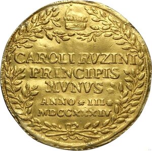 obverse: Venezia, Carlo Ruzzini (1732-1735), Osella in oro da 3 Zecchini 1734-III, RRRR Au 37 mm 10,25 g, ex Nomisma 56/1257 del 2017, montatura asportata e ritocchi lungo il contorno, BB+
				