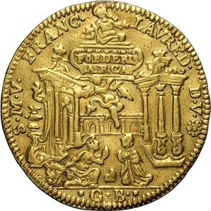 reverse: Venezia, Francesco Loredan (1752-1762), Osella in oro da 4 Zecchini 1757-VI, RRR Au 37 mm 13,75 g, appiccagnolo divelto altrimenti BB+
				