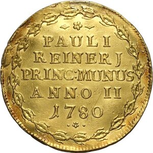 obverse: Venezia, Paolo Renier (1779-1789), Osella in oro da 4 Zecchini 1780-II, RRR Au 33 mm 13,70 g, traccia di appiccagnolo altrimenti q.SPL
				