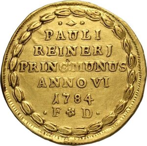 obverse: Venezia, Paolo Renier (1779-1789), Osella in oro da 4 Zecchini 1784-VI, RRR Au 31 mm 13,58 g, restauri per provenienza da incastonatura altrimenti BB
				