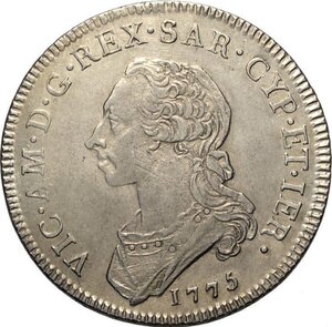 obverse: Savoia, Vittorio Amedeo III (1773-1796), Mezzo Scudo da 3 Lire 1775, RR Ag 38 mm 17,54 g, BB-SPL
				