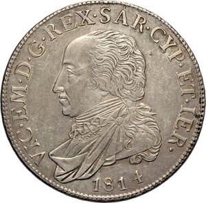 obverse: Savoia, Vittorio Emanuele I (1802-1821), Mezzo Scudo 1814, RR Ag 37 mm 17,51 g, lievi tracce di pulitura, BB-SPL
				