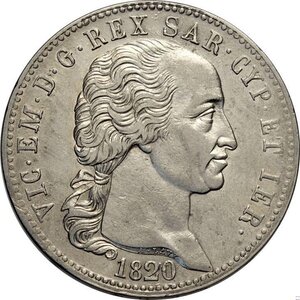 obverse: Savoia, Vittorio Emanuele I (1802-1821), 5 Lire 1820, Rara Ag 37 mm, BB+
				