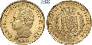 obverse: Savoia, Carlo Felice (1821-1831), 80 Lire 1830 Genova, Au 33 mm 25,80 g, conservazione eccezionale per la tipologia, in Slab NGC MS64 (cert. 5780851002 second best grade)
				