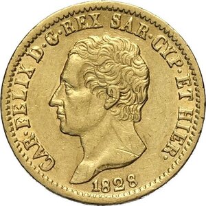 obverse: Savoia, Carlo Felice (1821-1831), 20 Lire 1828-L Torino, Au 21 mm 6,42 g, lievi graffietti al dritto, BB+
				