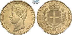 obverse: Savoia, Carlo Alberto (1831-1849), 100 Lire 1842 Torino, tiratura: 864, RR Au 34 mm 32,25 g, di qualità eccezionale per questo rarissimo millesimo, il migliore che abbiamo mai osservato, sul registro NGC il secondo migliore è soltanto AU58. In Slab NGC MS62 Top Pop! (cert. 8234028010)
				