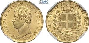 obverse: Savoia, Carlo Alberto (1831-1849), 20 Lire 1845 Genova, Au 21 mm 6,45 g, alta conservazione per il millesimo, in Slab NGC MS62 (cert. 6643526011 second best grade)
				