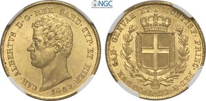 obverse: Savoia, Carlo Alberto (1831-1849), 20 Lire 1849 Genova, Au 21 mm 6,45 g, di gran qualità, in Slab NGC MS64 (cert. 6648392013 second best grade)
				