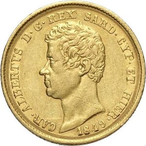 obverse: Savoia, Carlo Alberto (1831-1849), 20 Lire 1849 Torino bordo largo, varietà apparentemente inedita, Au 21 mm 6,42 g, BB-SPL
				