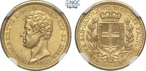 obverse: Savoia, Carlo Alberto (1831-1849), 10 Lire 1833 Genova, tiratura: 1550, RR Au 18 mm, qualità da considerarsi eccezionale per questo nominale soggetto ad ampia circolazione. In Slab NGC MS62 Top Pop! (cert. 6648392014)
				