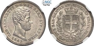 obverse: Savoia, Carlo Alberto (1831-1849), 50 Centesimi 1843 Torino, RR Ag 18 mm 2,5 g, di qualità eccezionale con fondi lucenti, in Slab NGC MS66 Top Pop! (cert. 6771632018)
				