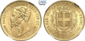 obverse: Savoia, Vittorio Emanuele II Re di Sardegna (1849-1861), 20 Lire 1860 Genova, Au 21 mm 6,45 g, di qualità eccelsa tanto che risulta il migliore censito anche includendo tutti gli altri millesimi della tipologia, in Slab NGC MS66 Top Pop! (cert. 5784868018)
				