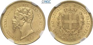 obverse: Savoia, Vittorio Emanuele II Re di Sardegna (1849-1861), 10 Lire 1857 Torino, Rara Au 18 mm, di alta qualità per la tipologia, in Slab NGC MS61
				