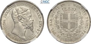 obverse: Savoia, Vittorio Emanuele II Re di Sardegna (1849-1861), Lira 1860 Milano, Ag 23 mm, in Slab NGC MS64+
				