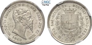 obverse: Savoia, Vittorio Emanuele II Re di Sardegna (1849-1861), 50 Centesimi 1860 Milano, Ag 18 mm 2,5 g, in Slab NGC MS64 Top Pop! (cert. 2824087013)
				