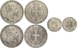 obverse: Vittorio Emanuele II (1849-1878), Lotto di 3 monete: 5 Lire 1850 Genova (Rara, BB), 5 Lire 1859 Genova (Rara, BB), Lira 1867 Torino (RR, sigillata BB da A. Bazzoni)
				