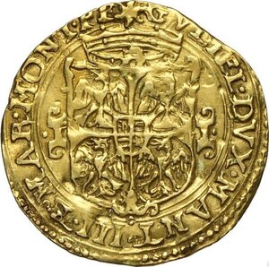 obverse: Casale, Guglielmo Gonzaga (1566-1587), Scudo d oro sd, Rara MIR-266 Au 22,5 mm 3,31 g, lucidata e colpi nei campi
				