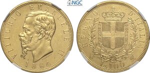 obverse: Regno d Italia, Vittorio Emanuele II (1861-1878), 100 Lire 1864 Torino, coniati 579 esemplari, RRR Au 34 mm 32,25 g, di qualità alta per questo millesimo, in Slab NGC MS61
				