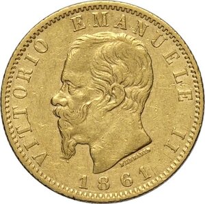 obverse: Regno d Italia, Vittorio Emanuele II (1861-1878), 20 Lire 1861 Torino, Rara Au 21 mm 6,41 g, BB
				