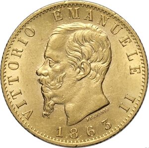 obverse: Regno d Italia, Vittorio Emanuele II (1861-1878), 20 Lire 1863 Torino, Au 21 mm 6,43 g, SPL-FDC
				