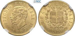 obverse: Regno d Italia, Vittorio Emanuele II (1861-1878), 10 Lire 1863 Torino, Au 18,5 mm 3,22 g, in Slab NGC MS64
				