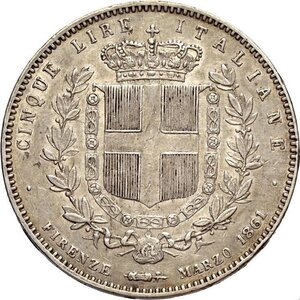 reverse: Regno d Italia, Vittorio Emanuele II (1861-1878), 5 Lire 1861 Firenze, RR Ag 37 mm 25 g, BB+
				