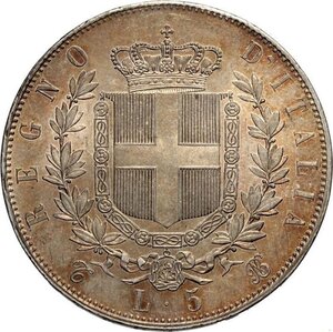 reverse: Regno d Italia, Vittorio Emanuele II (1861-1878), 5 Lire 1865 Torino, Rara Ag 37 mm 25 g, alta conservazione, SPL-FDC
				