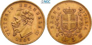 obverse: Regno d Italia, Vittorio Emanuele II (1861-1878), 5 Lire 1863 Torino, Au 17 mm 1,61 g, in Slab NGC MS62
				