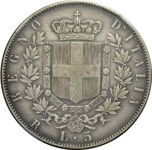 reverse: Regno d Italia, Vittorio Emanuele II (1861-1878), 5 Lire 1873 Roma, RRR Ag 37 mm 25 g, sigillata da C. Varesi, ritocchi al bulino
				