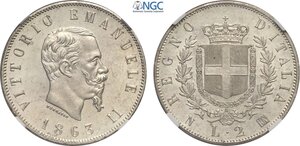 obverse: Regno d Italia, Vittorio Emanuele II (1861-1878), 2 Lire 1863 Napoli 