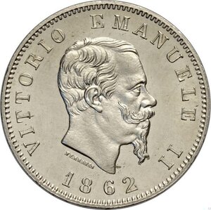 obverse: Regno d Italia, Vittorio Emanuele II (1861-1878), Lira 1862 Torino, RR Ag 23 mm, moneta spatinata ma di gran qualità specie per il millesimo, q.FDC
				