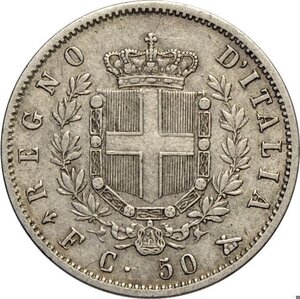 reverse: Regno d Italia, Vittorio Emanuele II (1861-1878), 50 Centesimi 1861 Firenze, RR Ag 18 mm, BB+
				