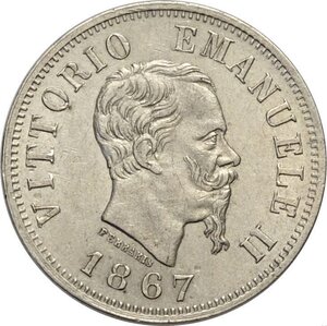 obverse: Regno d Italia, Vittorio Emanuele II (1861-1878), 50 Centesimi 1867 Torino, RRR Ag 18 mm, SPL+
				