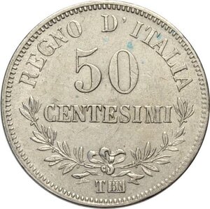 reverse: Regno d Italia, Vittorio Emanuele II (1861-1878), 50 Centesimi 1867 Torino, RRR Ag 18 mm, SPL+
				