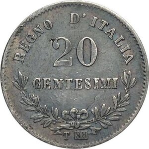 reverse: Regno d Italia, Vittorio Emanuele II (1861-1878), 20 Centesimi 1863-T Torino BN Rovesciato, RRRR Ag 16 mm 0,97 g, BB-SPL
				