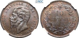 obverse: Regno d Italia, Vittorio Emanuele II (1861-1878), 10 Centesimi 1866-OM, Cu 30 mm, in Slab NGC MS65 BN (cert. 8234205008)
				